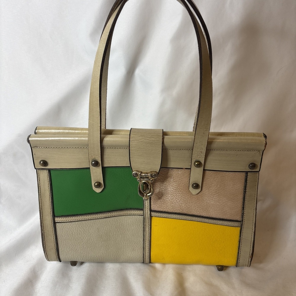 Vtg 70s Multicolor Patchwork Leather Handbag Mod Colorblock Satchel Purse